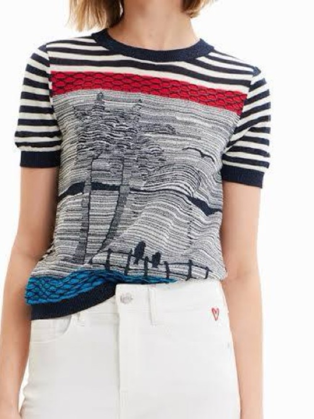 Desigual Knit Sailor SZ M T-shirt ( Palm Tree Stripe Metallic )
